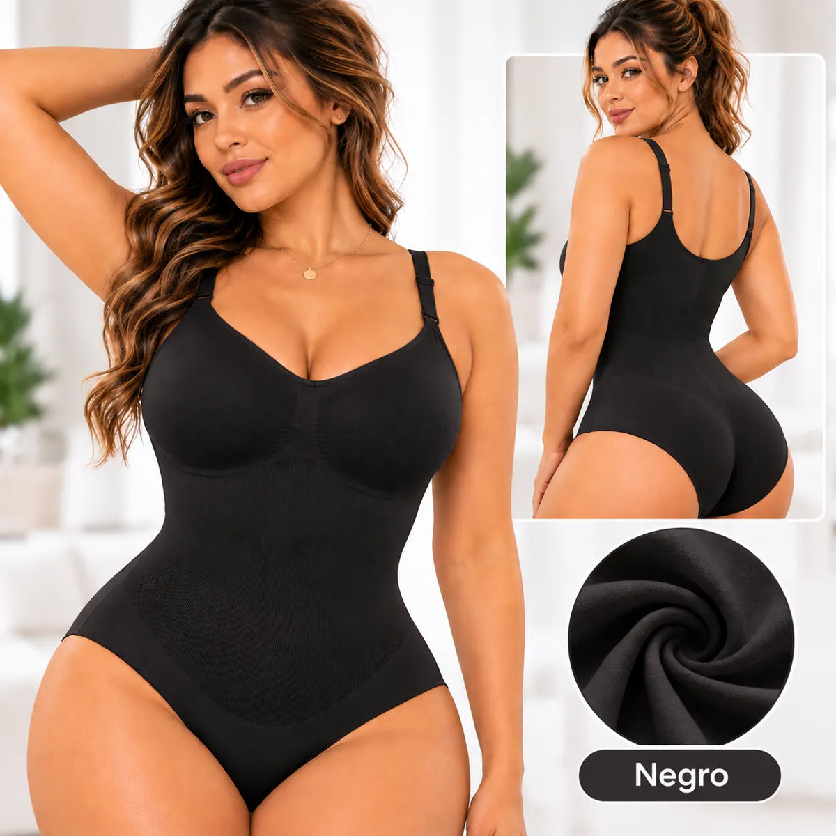 Body moldeador seamless color negro con tirantes ajustables, tejido elástico y diseño de control para abdomen y cintura