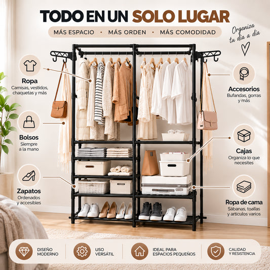 Closet organizador multifuncional con espacio para ropa, zapatos, bolsos, cajas y accesorios