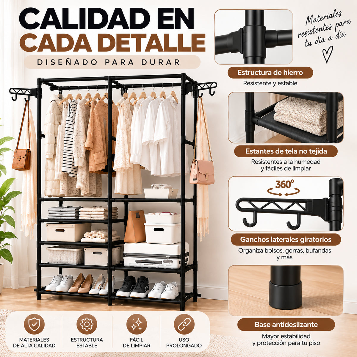 Closet organizador multifuncional con estructura de hierro, estantes de tela y ganchos laterales giratorios 360 grados