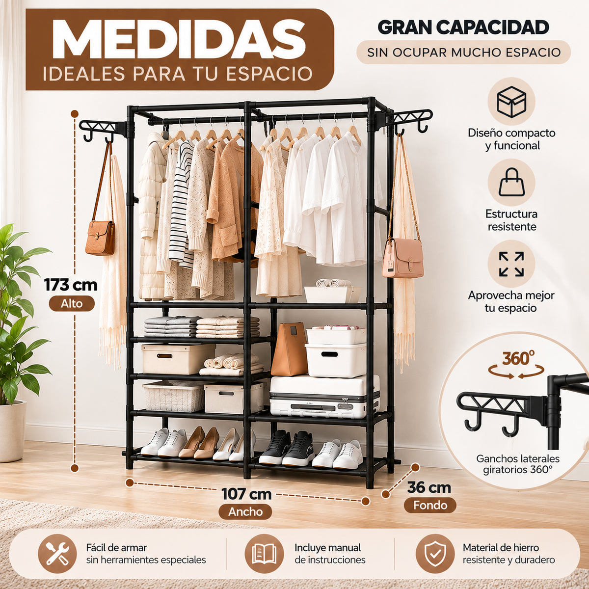 Closet organizador multifuncional negro de 107 cm de ancho, 36 cm de fondo y 173 cm de alto