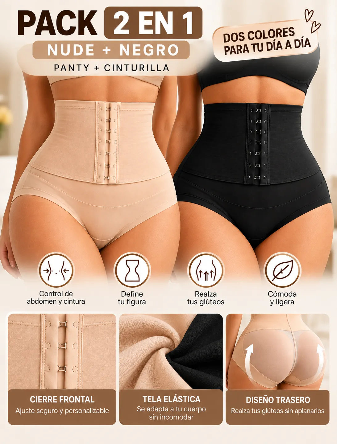 Faja panty moldeadora 2 en 1 en colores nude y negro con cinturilla ajustable, control de abdomen y diseño que realza los glúteos
