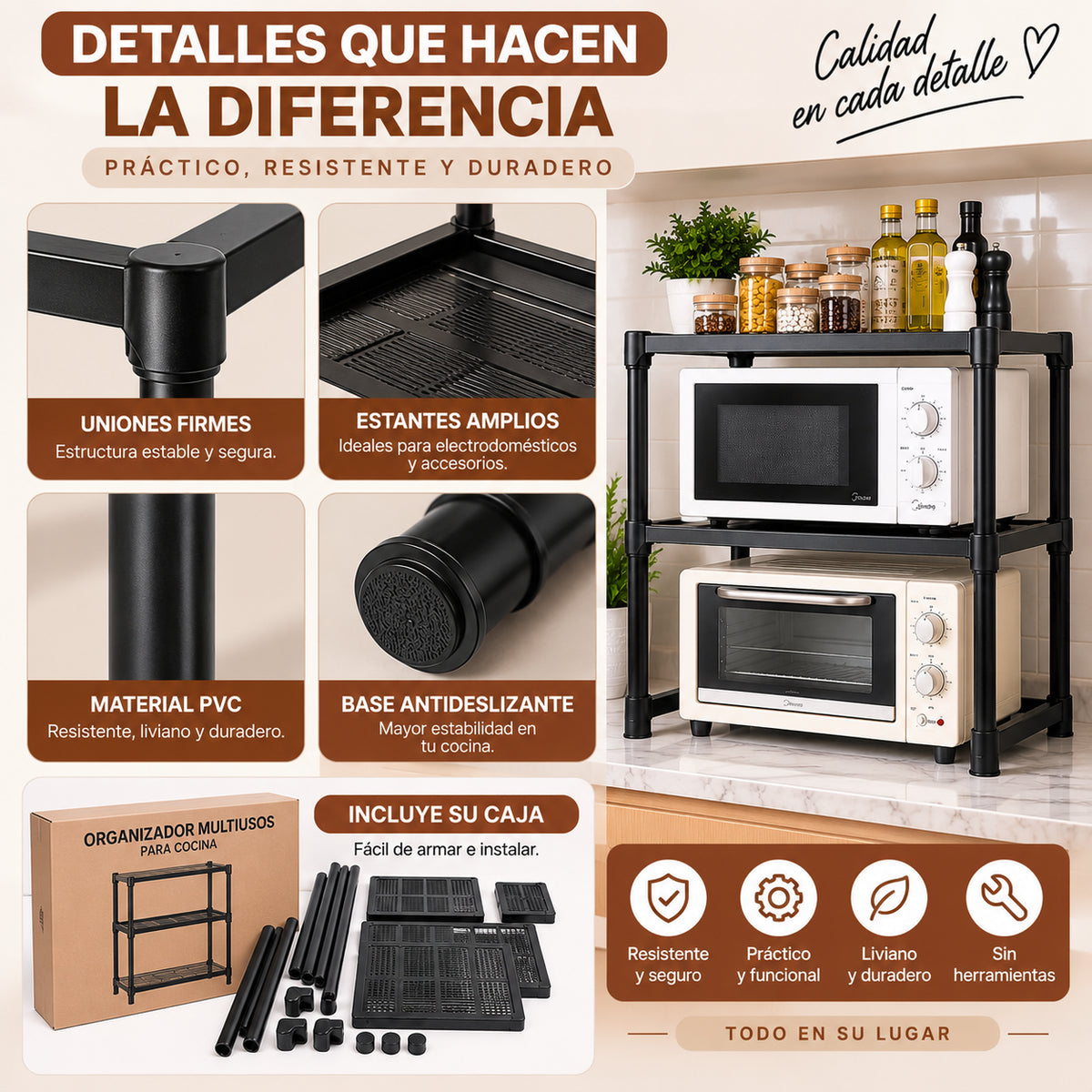 Organizador multiusos para microondas con estructura de PVC, estantes amplios, uniones firmes y base antideslizante