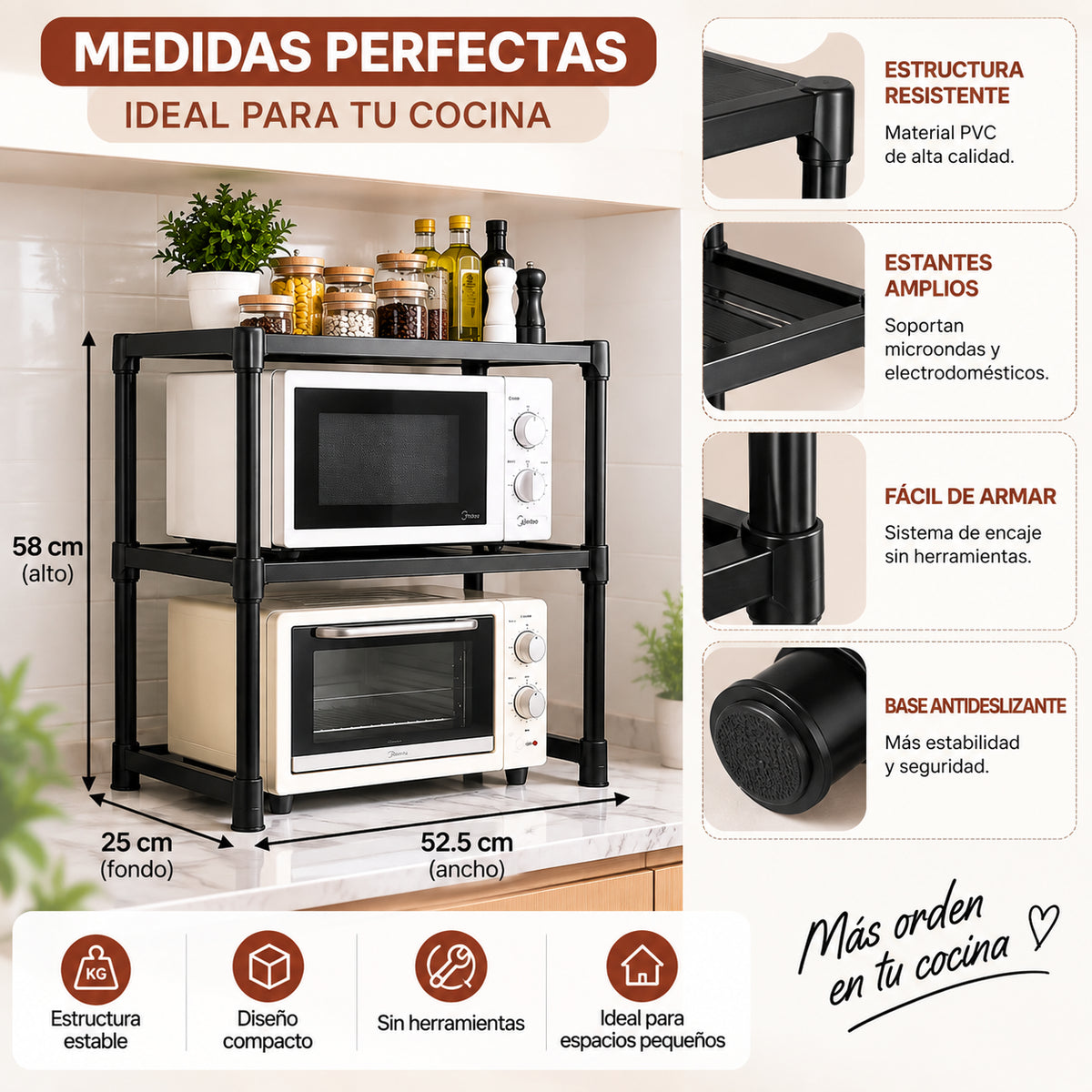 Organizador para microondas y electrodomésticos con estructura resistente y medidas de 52.5 cm de ancho por 58 cm de alto