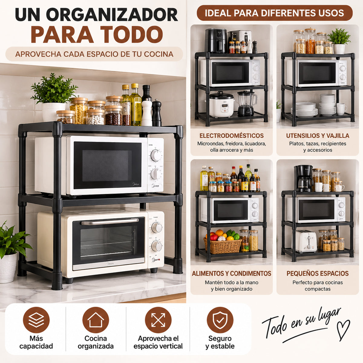 Organizador multiusos para cocina ideal para microondas, electrodomésticos, utensilios, vajilla y alimentos
