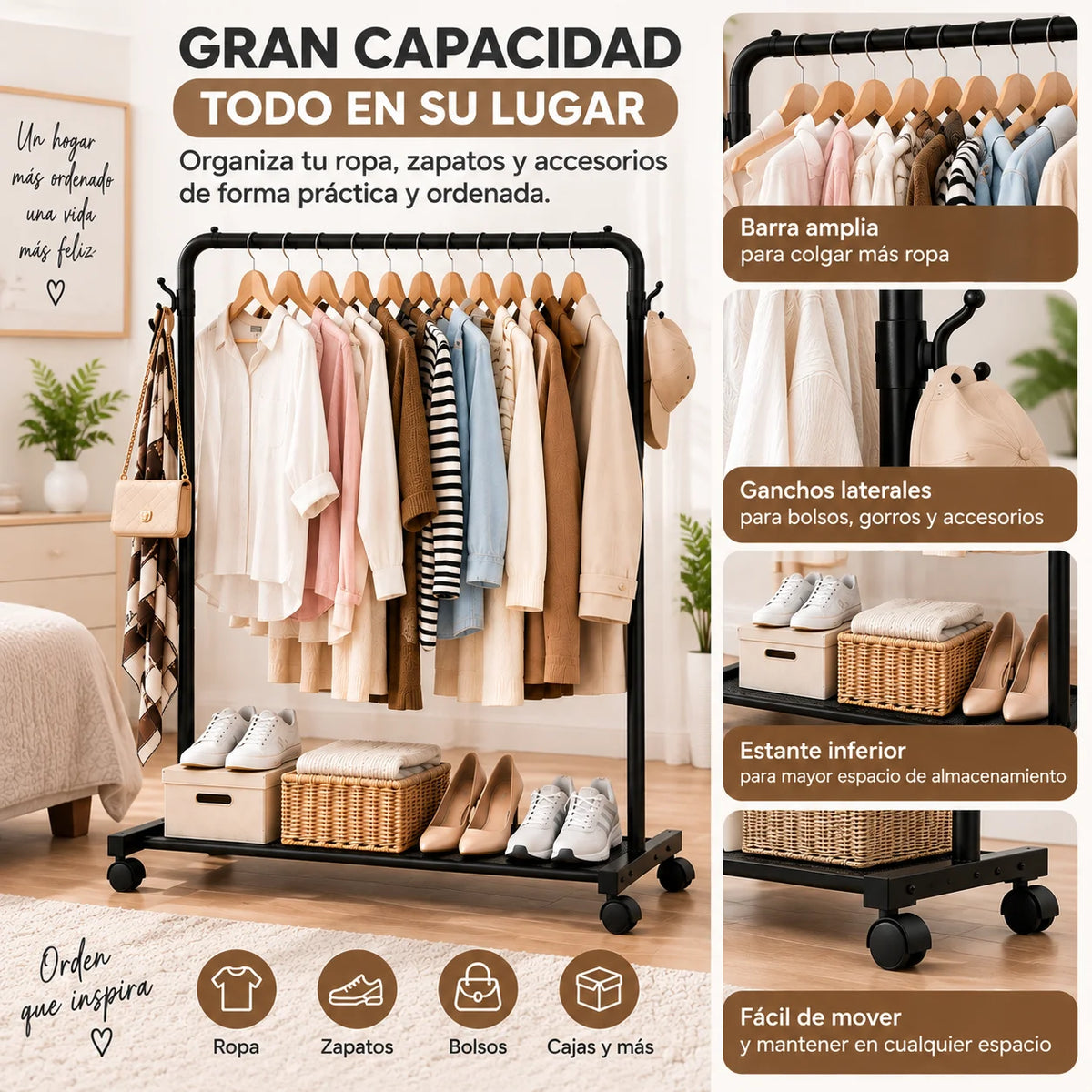 Perchero rodante de gran capacidad con espacio para organizar ropa, zapatos, bolsos y cajas