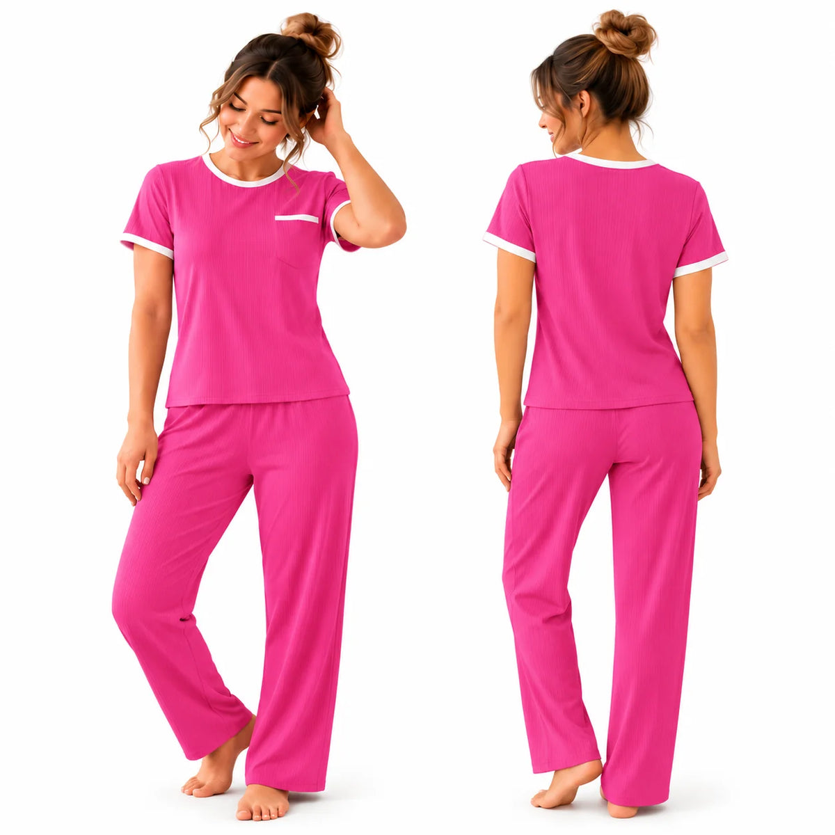 Pijama de mujer color fucsia en tela rib acanalada, con vistas frontal y posterior. Conjunto de blusa manga corta con bolsillo frontal decorativo, ribetes blancos en cuello y mangas, y pantalón largo sin bolsillos de corte relajado.