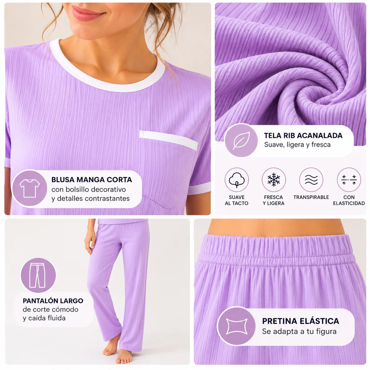 Detalles de pijama de mujer color lila en tela rib acanalada, con blusa de manga corta, bolsillo frontal, ribetes blancos, pantalón largo y cintura elástica.