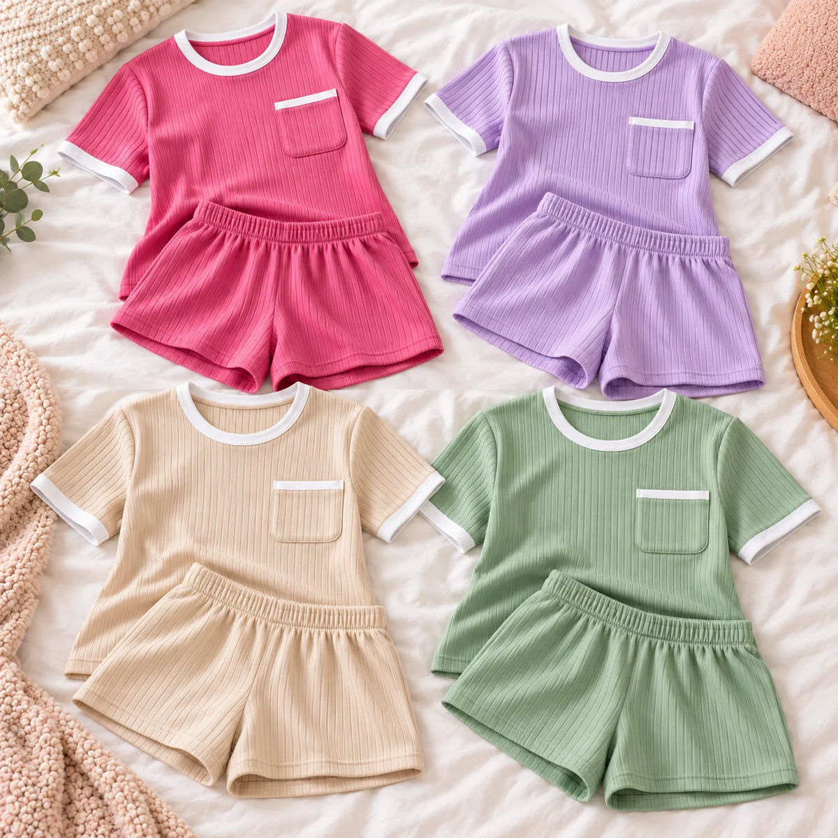 Cuatro pijamas para mujer en tejido rib acanalado, presentadas sobre una cama en colores fucsia, lila, beige y verde salvia. Cada conjunto incluye blusa de manga corta con bolsillo frontal y ribetes blancos, y short con cintura elástica.
