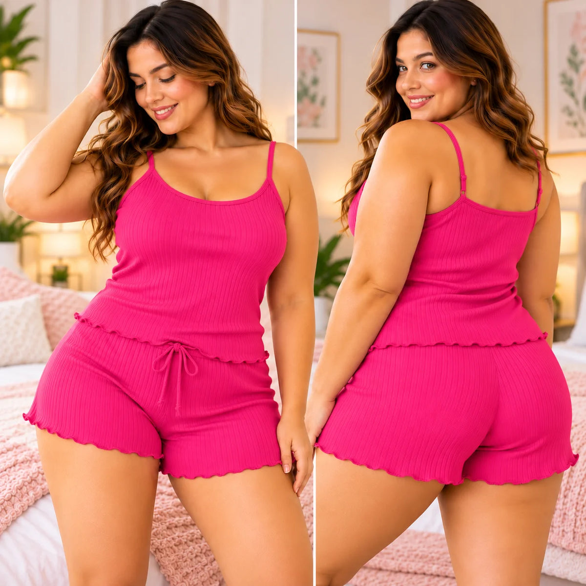 Mujer de figura curvilínea modelando pijama fucsia de dos piezas en tejido rib acanalado, compuesta por top de tirantes delgados y short con cintura elástica, cordón frontal y bordes ondulados. La imagen muestra el conjunto de frente y por detrás en una habitación acogedora con decoración en tonos suaves.