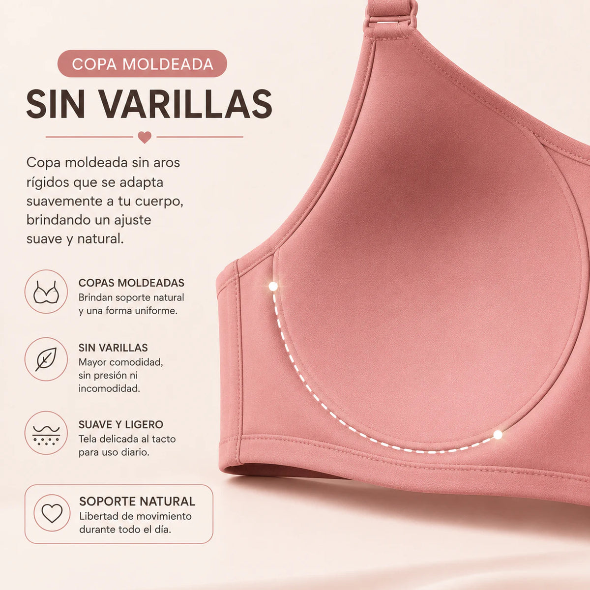 Detalle de la copa moldeada del Sostén Comfort Fit sin varillas, diseñada para brindar soporte natural, ajuste cómodo y una forma uniforme sin presión ni marcas.