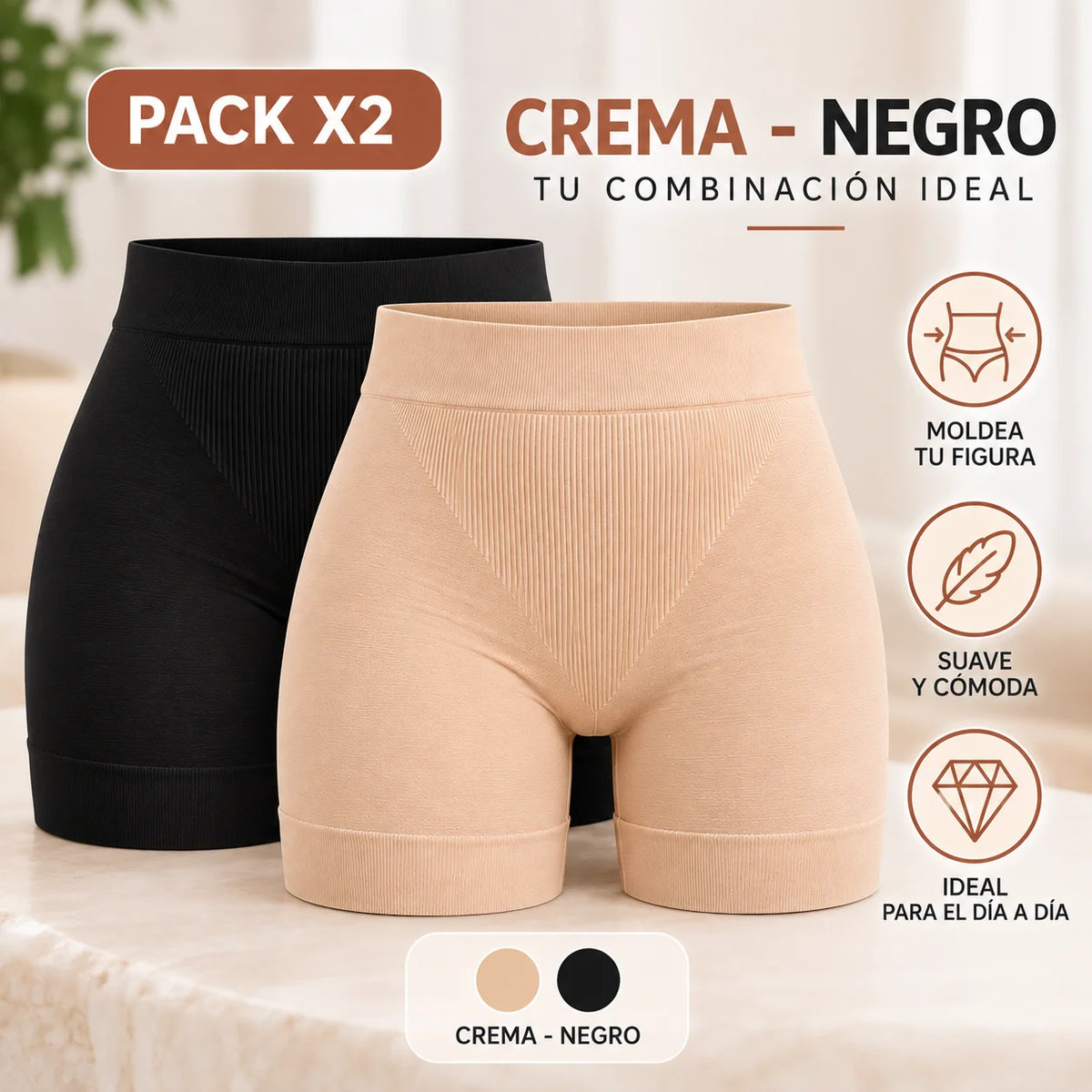 Paquete de 2 fajas bóxer moldeadoras sin costuras, una color crema y otra negra, con cintura de soporte y tejido suave y elástico