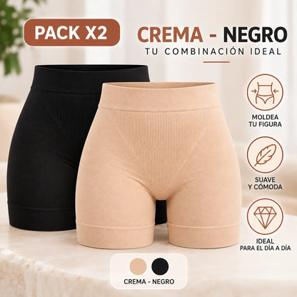 Paquete de 2 fajas bóxer moldeadoras sin costuras, una color crema y otra negra, con cintura de soporte y tejido suave y elástico
