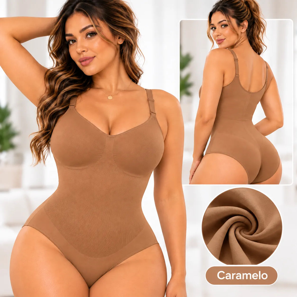 Body moldeador seamless color caramelo con tirantes ajustables, tejido elástico y diseño de control para abdomen y cintura