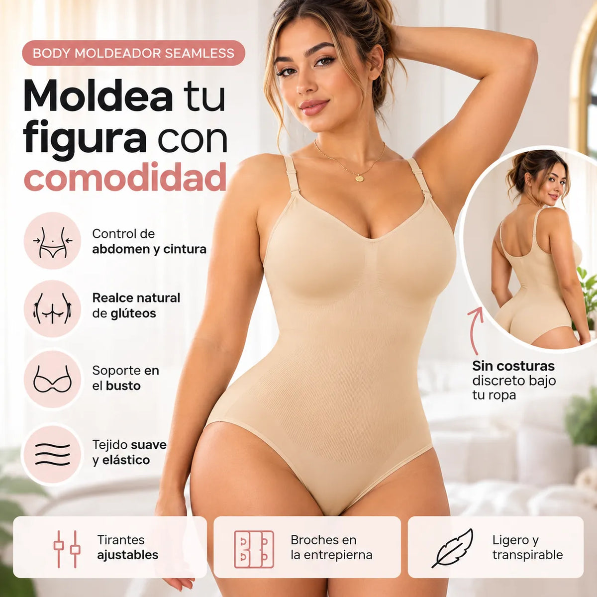 Body moldeador seamless con control de abdomen y cintura, soporte de busto, realce natural de glúteos y tirantes ajustables