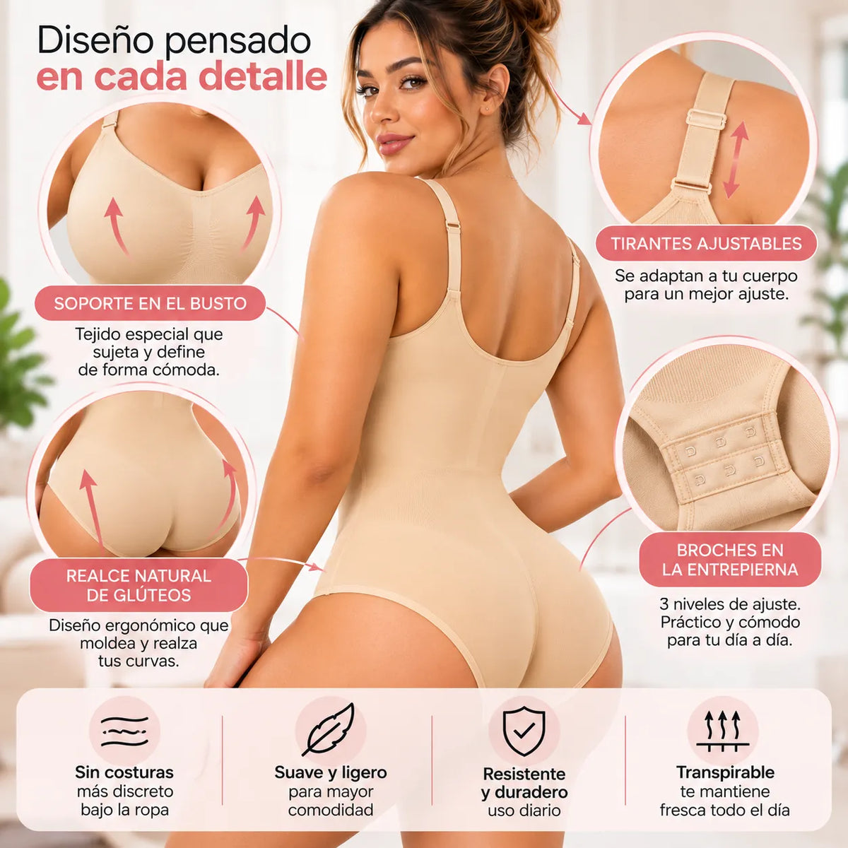 Body moldeador seamless con tirantes ajustables, soporte en el busto, realce natural de glúteos y broches ajustables en la entrepierna