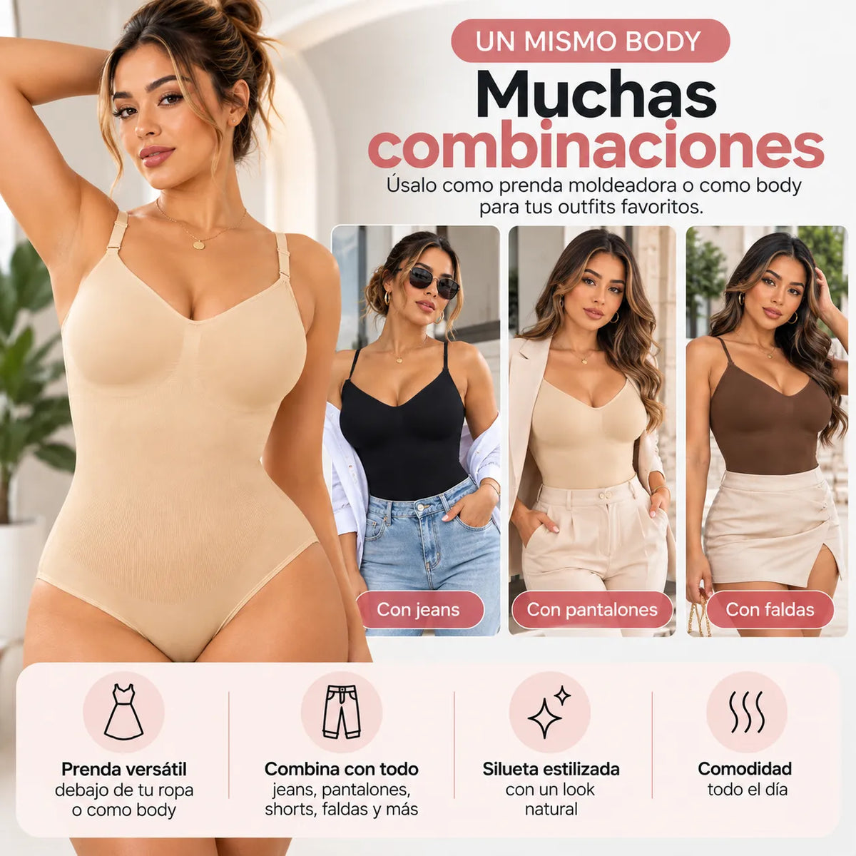 Body moldeador seamless versátil para combinar con jeans, pantalones y faldas, con diseño cómodo que estiliza la silueta