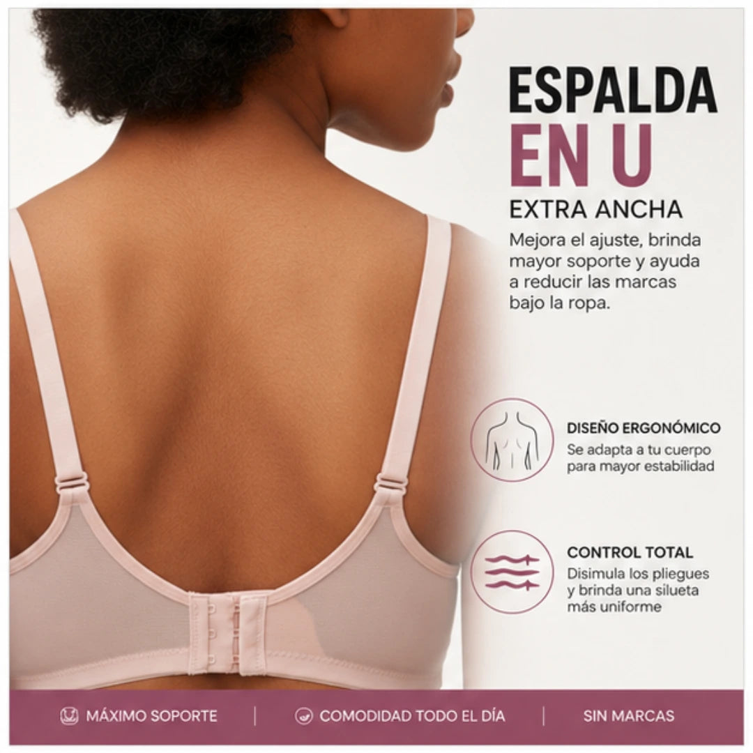 Vista posterior del Brasier Control Total Sin Varillas con espalda en U extra ancha, diseñada para brindar máximo soporte, mejor ajuste y mayor comodidad para busto grande.