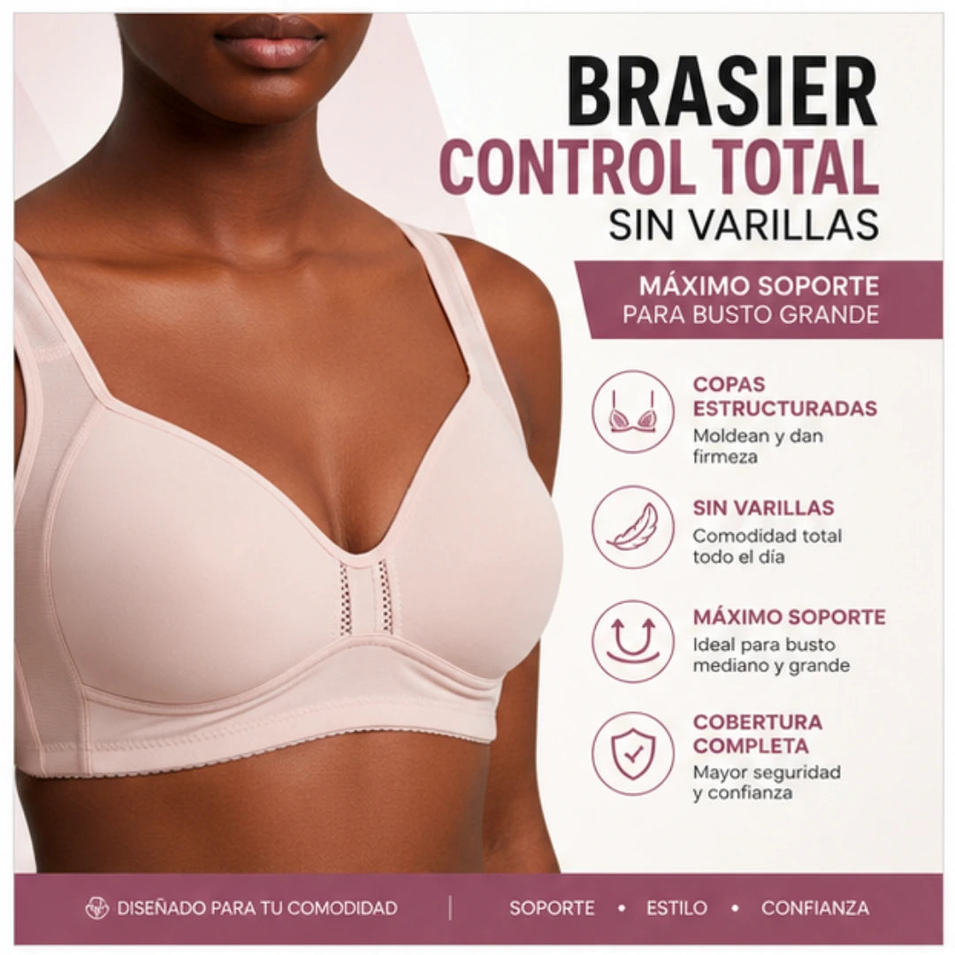 Brasier Control Total Sin Varillas color crema con copas estructuradas, máximo soporte para busto grande, cobertura completa y diseño cómodo para uso diario.