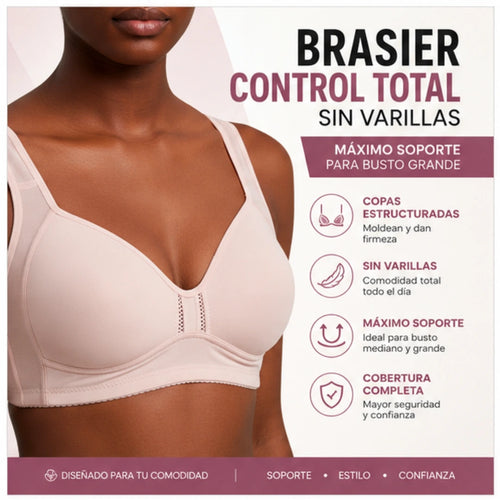 Brasier Control Total Sin Varillas color crema con copas estructuradas, máximo soporte para busto grande, cobertura completa y diseño cómodo para uso diario.