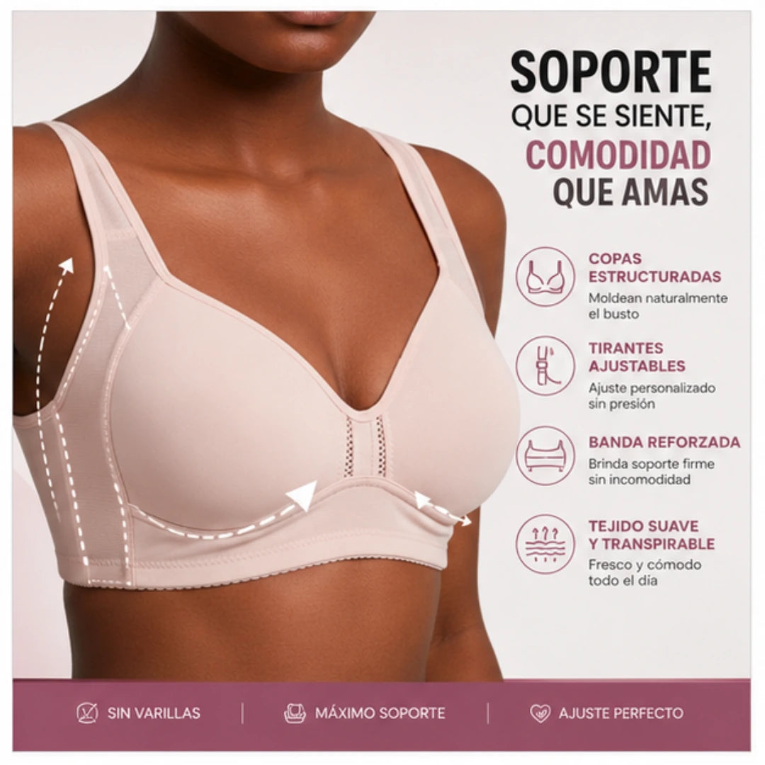 Brasier Control Total Sin Varillas con copas estructuradas, tirantes ajustables y banda reforzada que brindan máximo soporte, comodidad y ajuste perfecto para busto grande.
