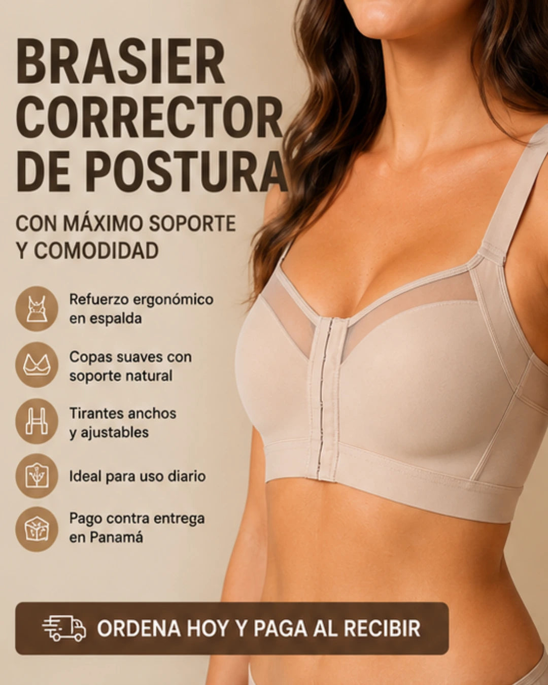 Brasier corrector de postura para mujer con máximo soporte y comodidad en color beige.