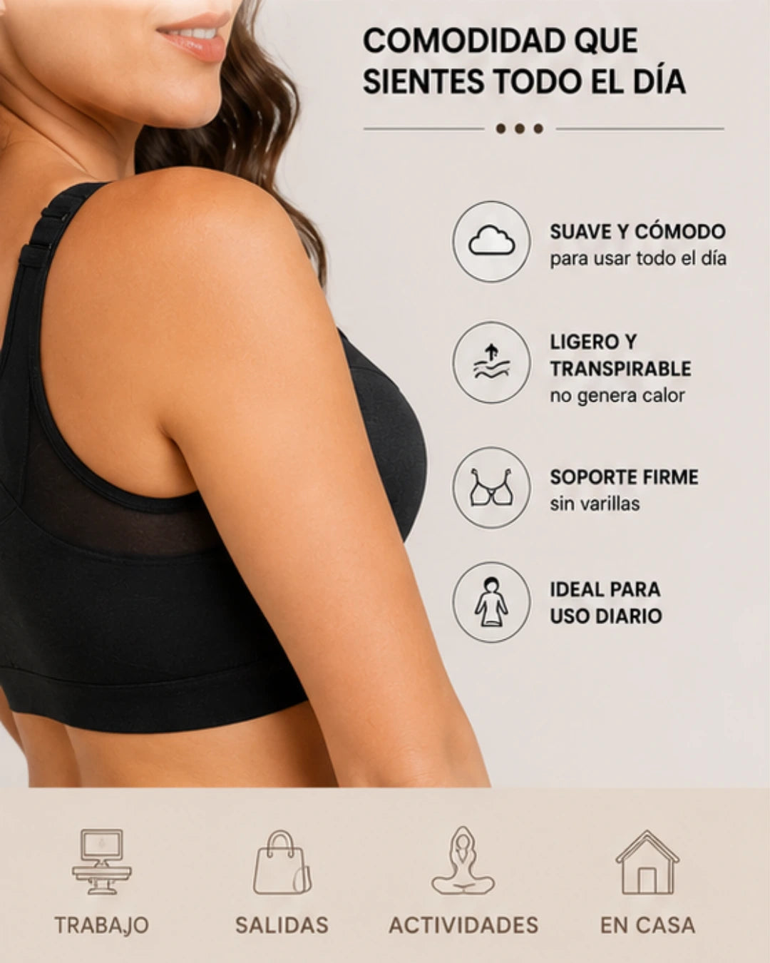 Brasier negro modelador cómodo y transpirable para uso diario femenino.
