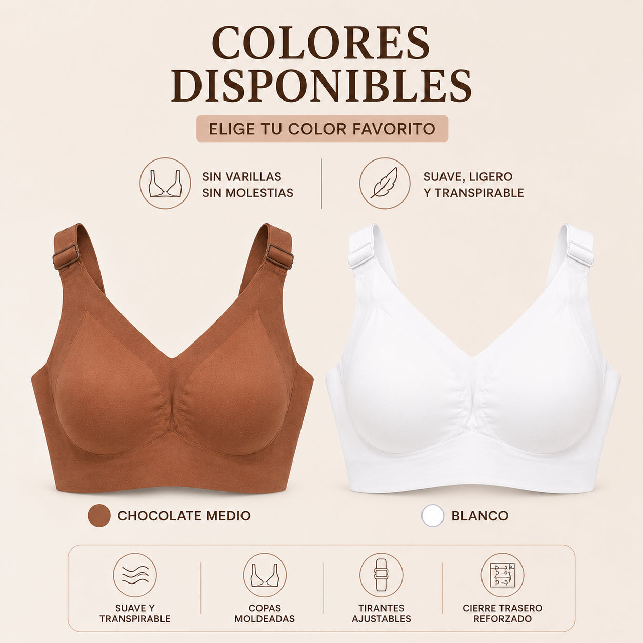 Brasier sin varillas disponible en los colores chocolate medio y blanco, con copas moldeadas, tirantes ajustables y diseño cómodo para uso diario.