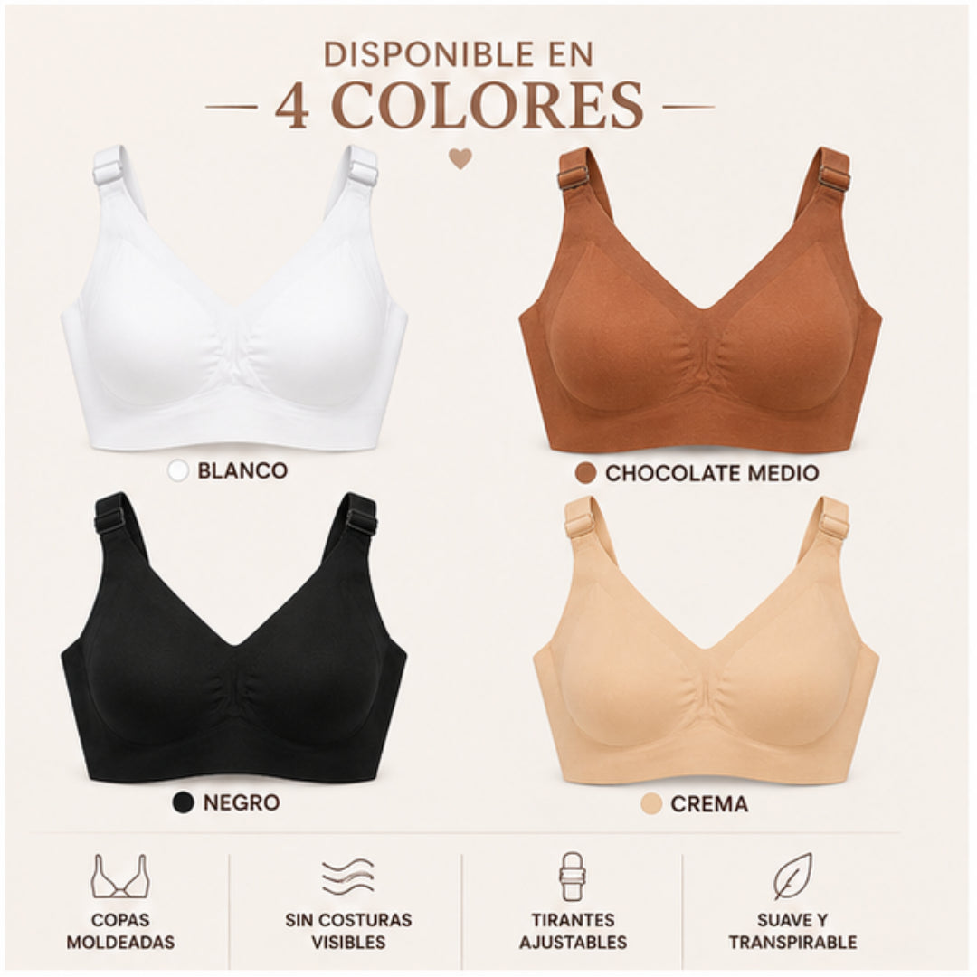 Brasier sin varillas disponible en colores blanco, chocolate medio, negro y crema, con soporte cómodo, copas moldeadas y diseño sin costuras para uso diario.