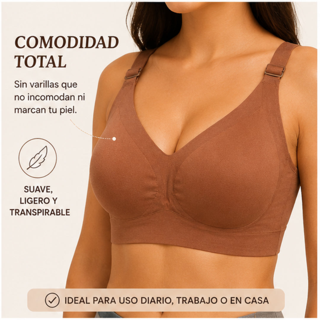Mujer usando brasier sin varillas color chocolate medio, diseñado para brindar máxima comodidad, soporte suave y libertad de movimiento durante todo el día.