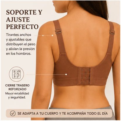 Vista posterior del brasier sin varillas con espalda amplia y cierre reforzado, diseñado para brindar mayor soporte, estabilidad y comodidad durante todo el día.