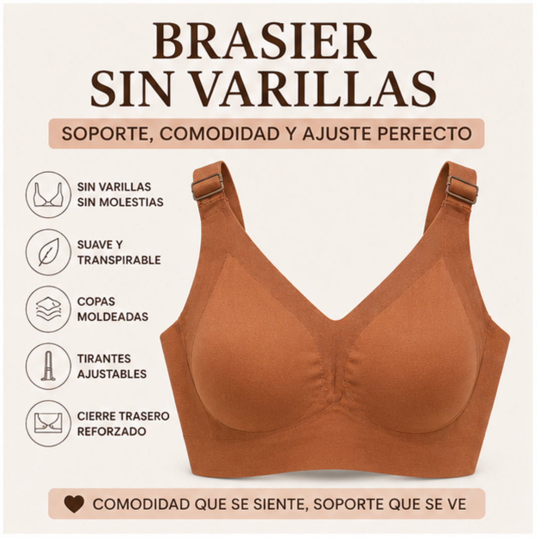 Brasier sin varillas color chocolate medio con copas moldeadas, tirantes anchos ajustables y soporte cómodo para uso diario.