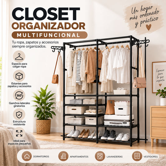 Closet organizador multifuncional para ropa, zapatos y accesorios con estantes y ganchos laterales