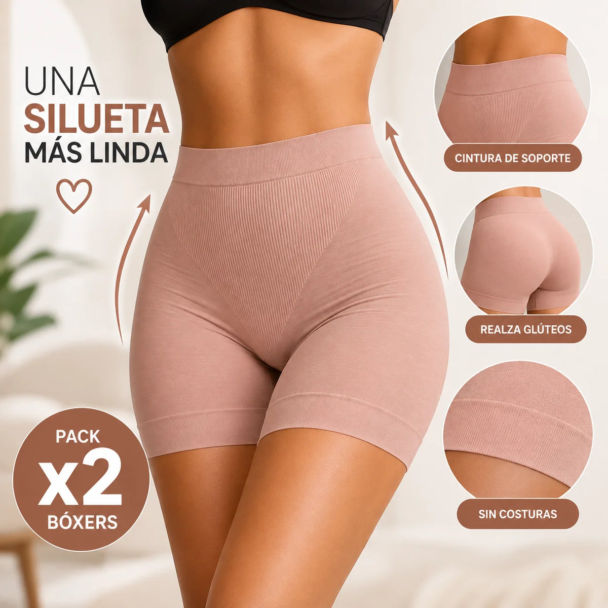 Faja bóxer moldeadora sin costuras con cintura de soporte, diseño que realza los glúteos y tejido elástico para mayor comodidad.