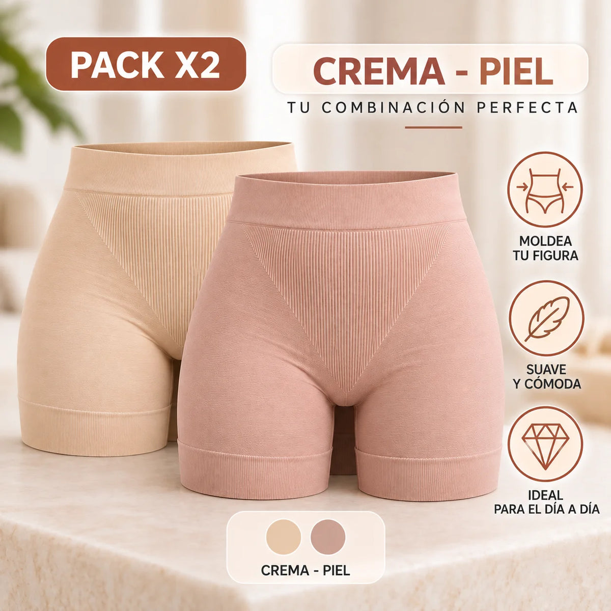Paquete de 2 fajas bóxer moldeadoras sin costuras, una color crema y otra color piel, con cintura de soporte y tejido suave y elástico