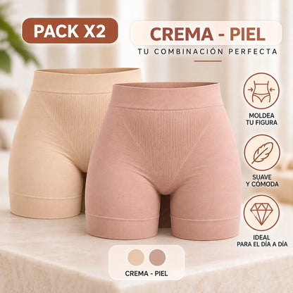 Paquete de 2 fajas bóxer moldeadoras sin costuras, una color crema y otra color piel, con cintura de soporte y tejido suave y elástico