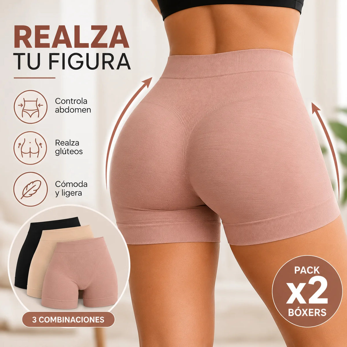Vista posterior de faja bóxer moldeadora sin costuras con diseño que realza los glúteos y ayuda a definir la figura