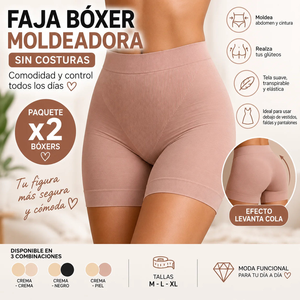 Faja bóxer moldeadora sin costuras, paquete de 2 unidades, con cintura de soporte y tejido elástico. Disponible en tres combinaciones de colores