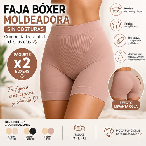 Faja bóxer moldeadora sin costuras, paquete de 2 unidades, con cintura de soporte y tejido elástico. Disponible en tres combinaciones de colores