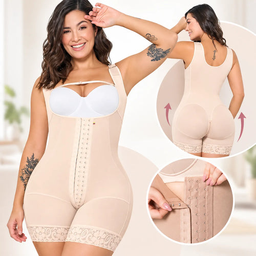 Faja control media pierna con broches frontales, soporte abdominal y diseño moldeador para cintura, glúteos y muslos