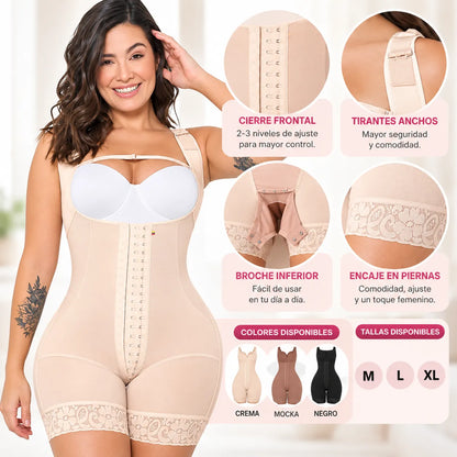 Faja control media pierna con cierre frontal ajustable, tirantes anchos y encaje, disponible en crema, mocka y negro, tallas M, L y XL