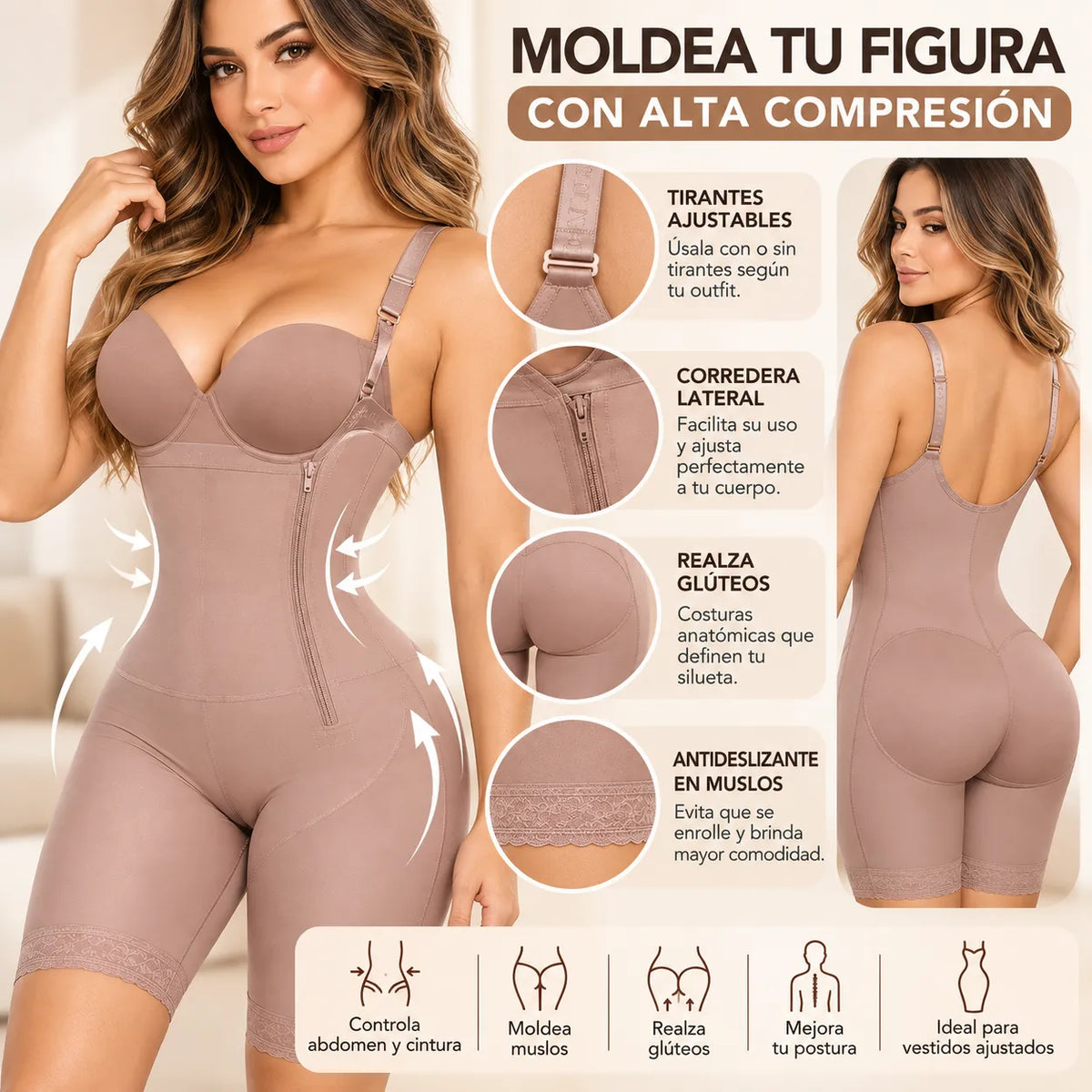 Faja enteriza de alta compresión con tirantes ajustables, cierre lateral y diseño moldeador para abdomen, cintura, glúteos y muslos