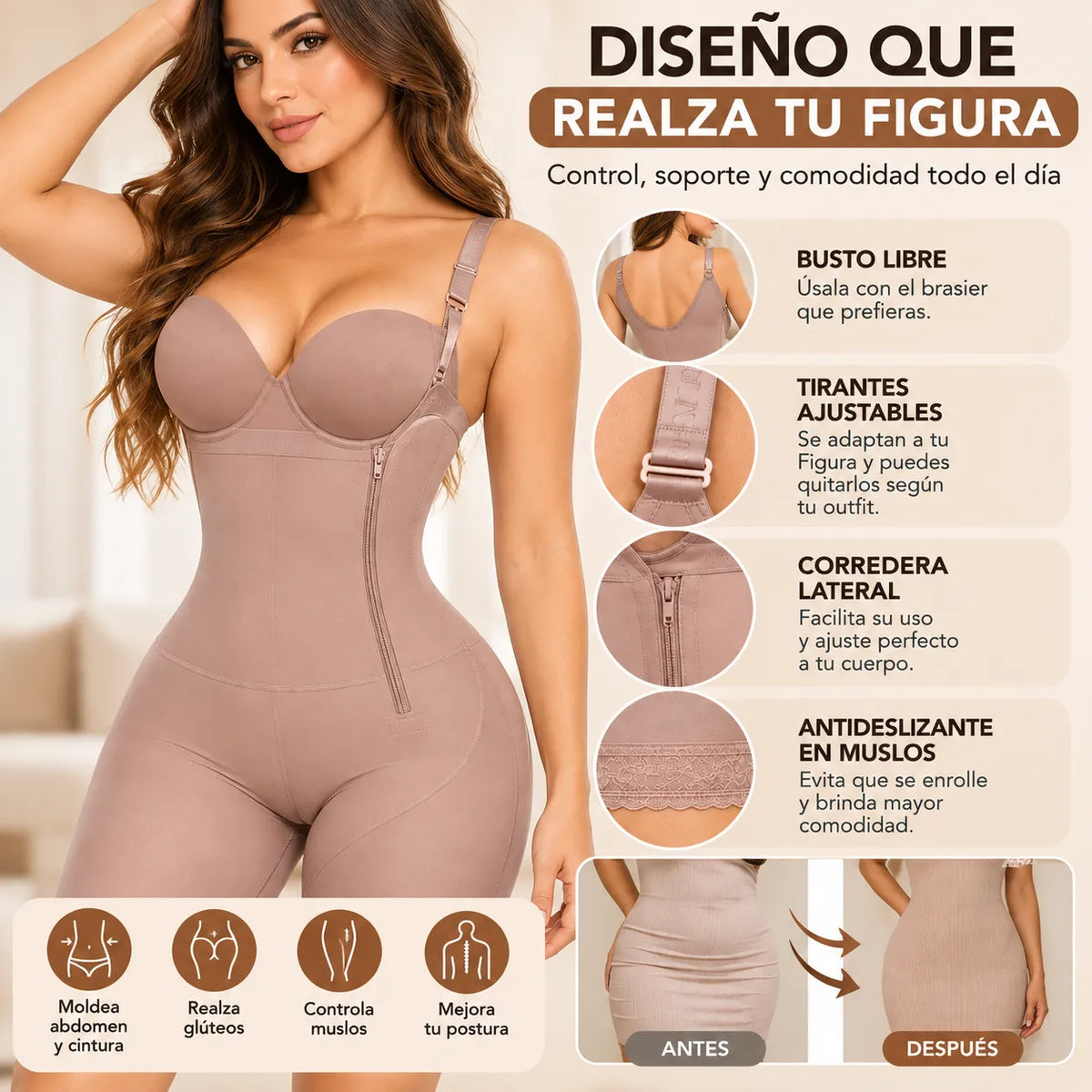 Faja enteriza de alta compresión con busto libre, tirantes ajustables y diseño moldeador para abdomen, cintura, glúteos y muslos