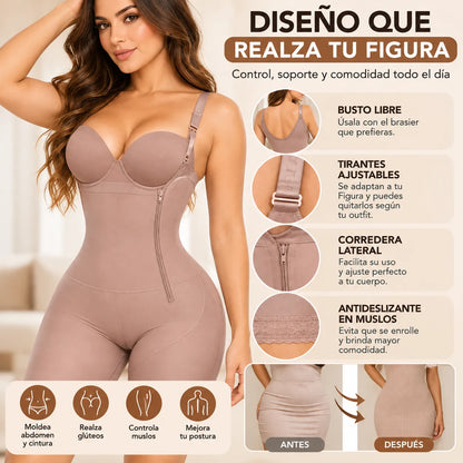 Faja enteriza de alta compresión con busto libre, tirantes ajustables y diseño moldeador para abdomen, cintura, glúteos y muslos