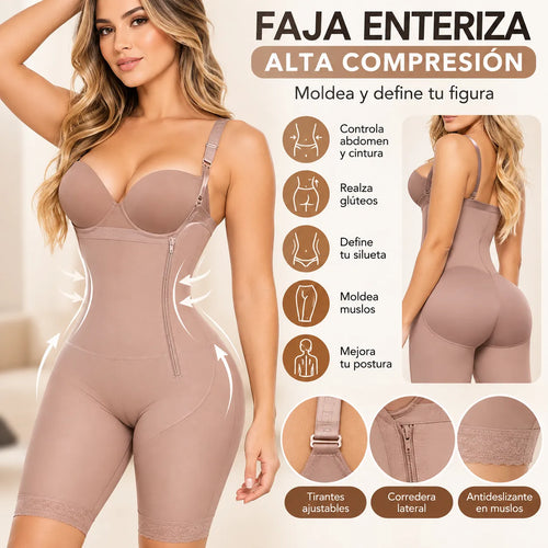 Faja enteriza de alta compresión con tirantes ajustables y cierre lateral, diseñada para moldear visualmente abdomen, cintura, glúteos y muslos