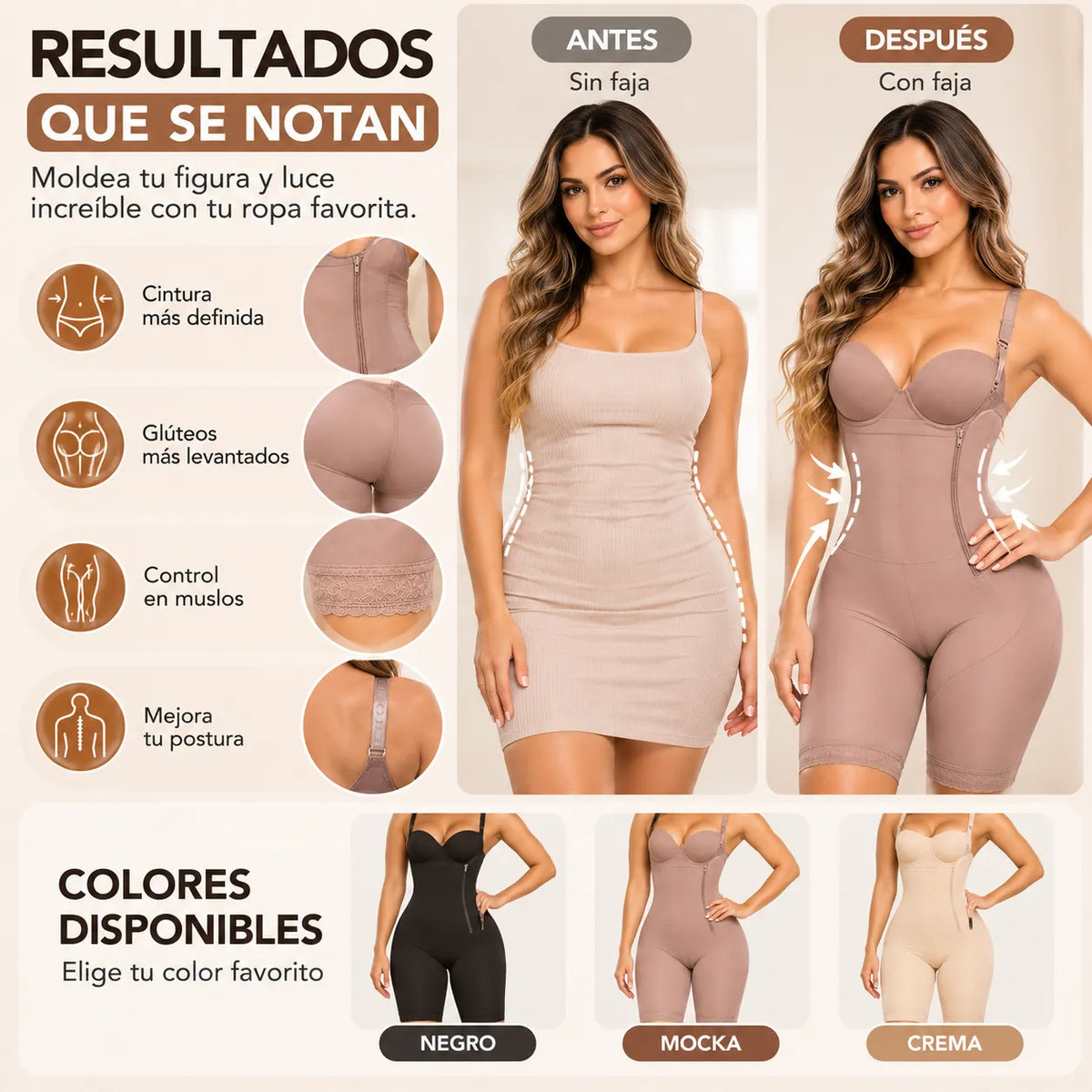 Faja enteriza de alta compresión con efecto moldeador en cintura, glúteos y muslos, disponible en negro, mocka y crema