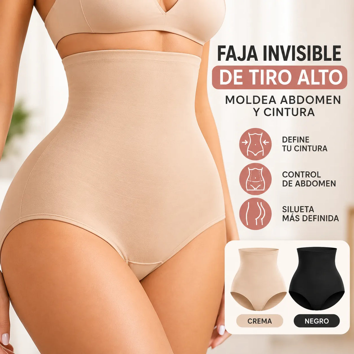 Faja invisible de tiro alto con control de abdomen y cintura, disponible en color crema y negro