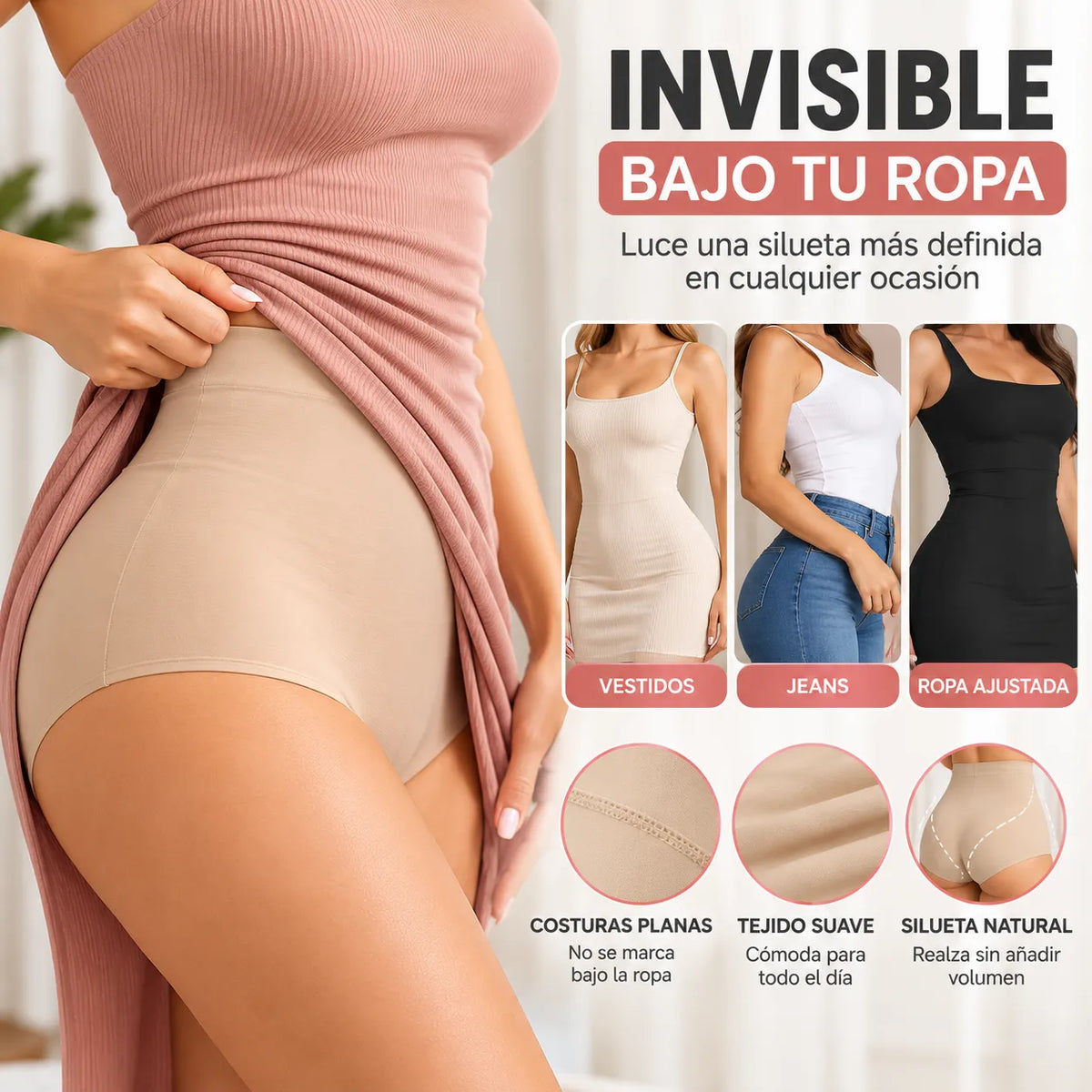 Faja invisible de tiro alto diseñada para usar discretamente bajo vestidos, jeans y ropa ajustada