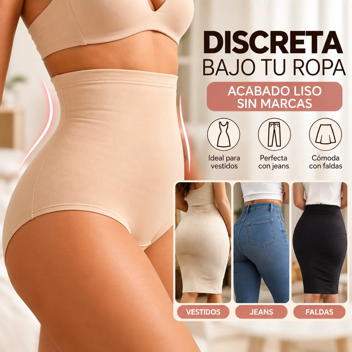 Faja panty de control alto color nude con acabado liso y discreto, ideal para usar debajo de vestidos, jeans y faldas