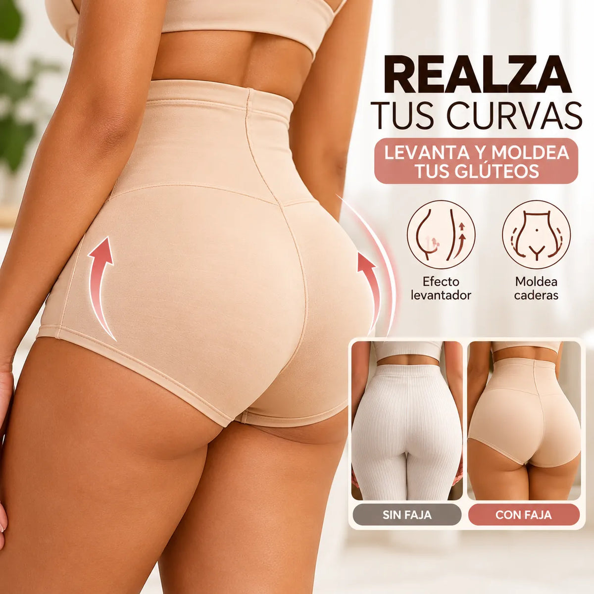 Faja panty de control alto color nude con diseño posterior que ayuda a moldear las caderas y realzar visualmente los glúteos