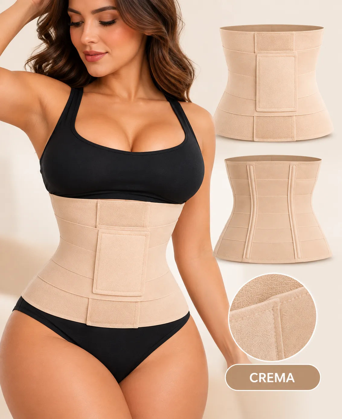 Faja reloj de arena ajustable color crema con bandas de compresión, cierre de velcro y soporte estructural para la cintura